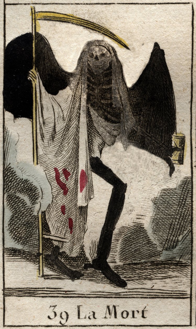 Representation of Death, skelett klädd i svart och vinge, han håller en stor falsk. (Döden, bevingat skelett klädt i svart, med en lie) Från "Mythologie de la jeunesse" av Pierre Blanchard 1803. av French School