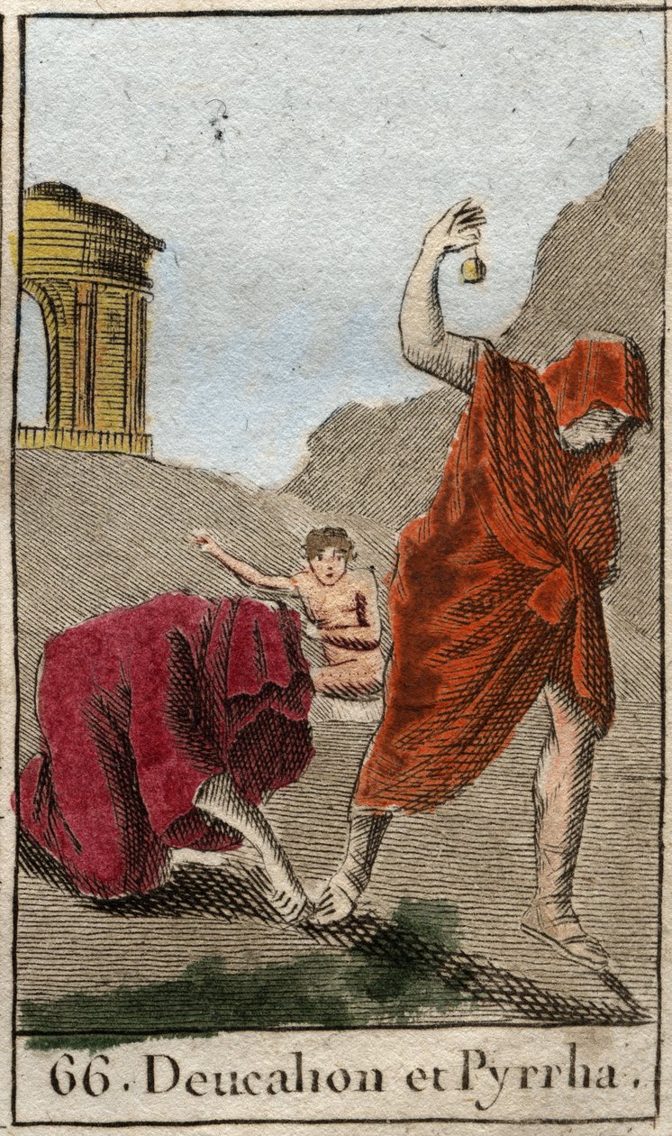 Representation av Deucalion och Pyrrha, de enda överlevande efter syndafloden orsakad av Zeus för att förstöra mänskligheten. Themis efter syndafloden ber dem att gå med huvudet täckt genom att kasta bakom sig deras mors ben (Jordens stenar) (Re av French School