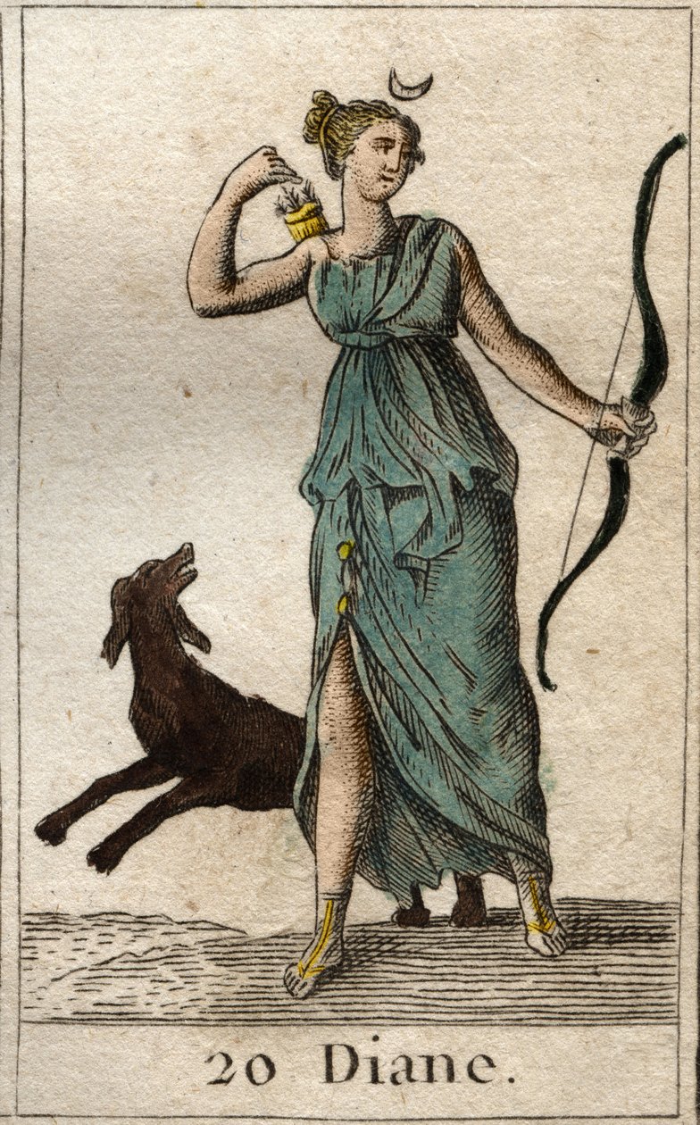 Representation av Diana, jaktens gudinna, hon håller en båge och pilar (Representation av Diana, jaktens gudinna). Från "Mythology of Youth" av Pierre Blanchard 1803. av French School