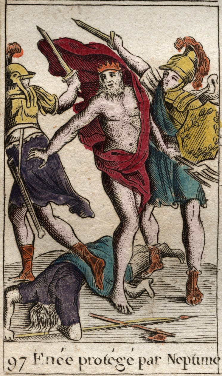 Representation av Enee som, skyddad av Neptunus, avviker från kampen mot Akilles. (Representation av Aeneas som, skyddad av Neptunus, lämnar kampen mot Akilles). Från "Mythology of Youth" av Pierre Blanchard 1803. av French School