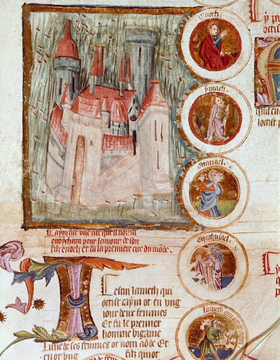 Representation av Enocham, första citat av världen grundad av Yared (Yered, Jared eller Jareth) som hyllning till hans son Enoch (Henoch eller Henoc) Page hämtat från manuskriptet "Genealogy de la Bible"" från den franska skolan. Cremone från 1300-talet, b av French School