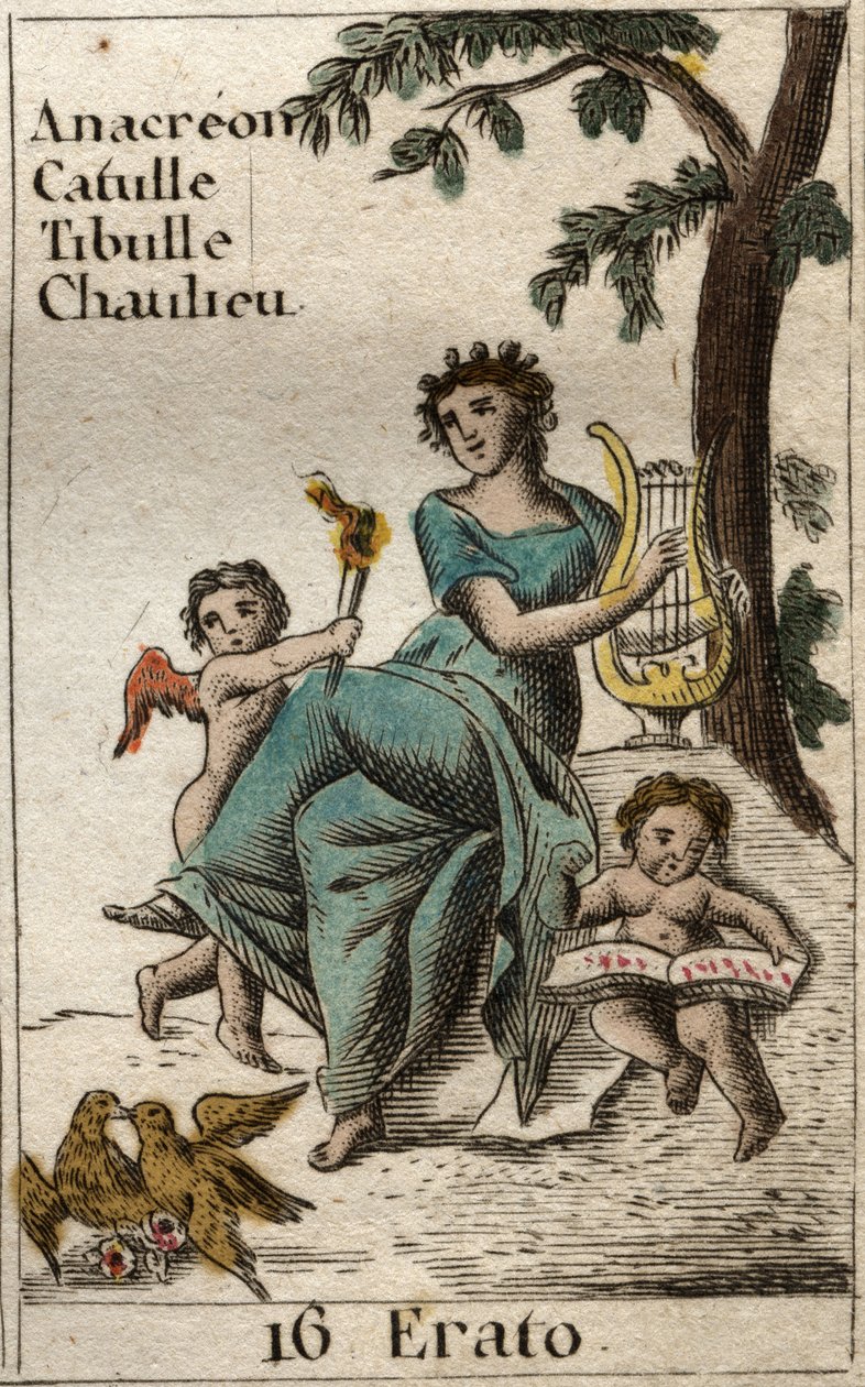 Representation of Erato, muse of lyric poetry, holding a lyra (Representation of Erato, Muse of lyric poetry, holding a lyra). Från "Mythology of Youth" av Pierre Blanchard 1803. av French School