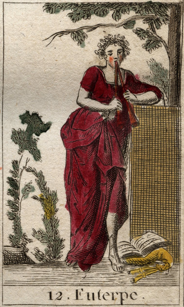 Representation av Euterpe, musikmusa, omgiven av notböcker och spelar dubbelflöjt (aulos) (Euterpe, musikmusa, föreställande att hålla en dubbelflöjt (aulos)). Från "Mythology of Youth" av Pierre Blanchard 1803. av French School