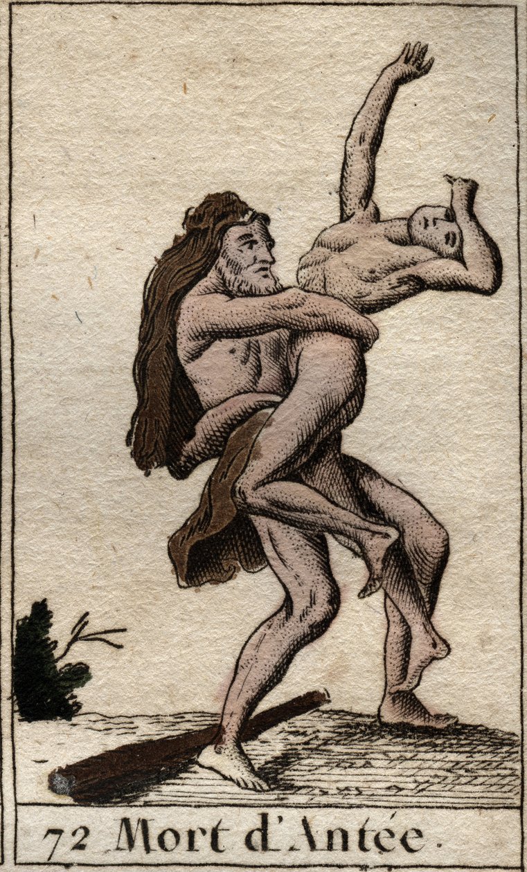 Representation av Hercules Terrassant Ante, kung av Libyen (Heracles (Hercules) dödar Antaeus med en björnkram) Från "Mythology of Youth" av Pierre Blanchard 1803. av French School