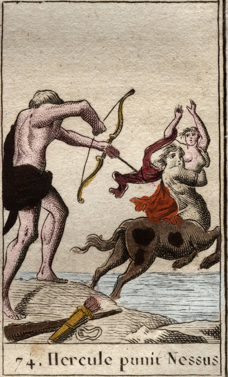 Representation av Hercules som decochar en förgiftad pil till kentauren Nessus (Nessos) som kidnappar sin fru Dejanire (Hercules (Heracles) sköt en förgiftad pil till kentauren Nessus som försöker kidnappa Deianira) Från "" Mythologie de la jeunesse "" av  av French School