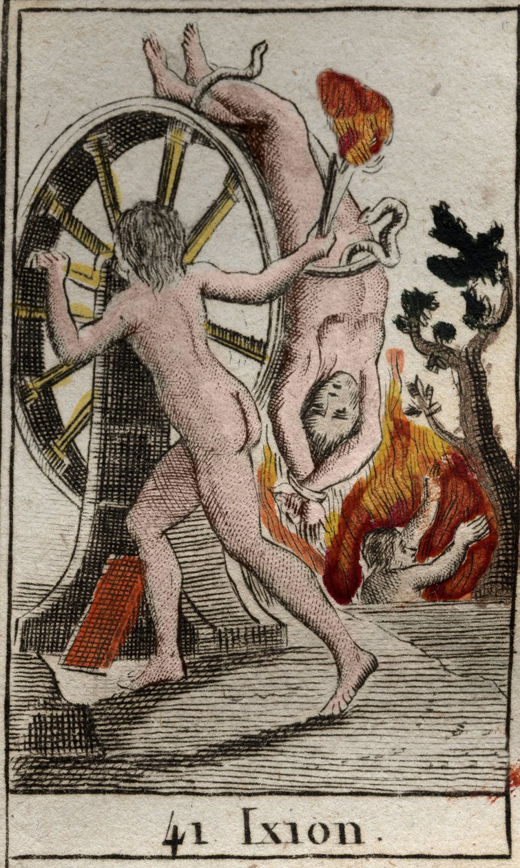 Representation av Ixion, straffad av gudarna, är han dömd att vara kedjad vid ett brinnande hjul som snurrar oändligt. (Ixion, straffad av gudarna, är bunden till ett bevingat eldhjul som alltid snurrar) Från "Mythologie de la jeunesse" av Pierre Blanchard av French School
