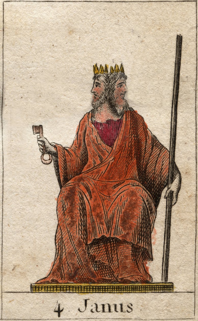 Representation av Janus, börjans gudom och passager, han representeras med två ansikten (Janus (eller Ianus) är guden för portar, dörrar, början och slut, representerad med två ansikten och en nyckel). Från "Mythology of Youth" av Pierre Blanchard 1803. av French School