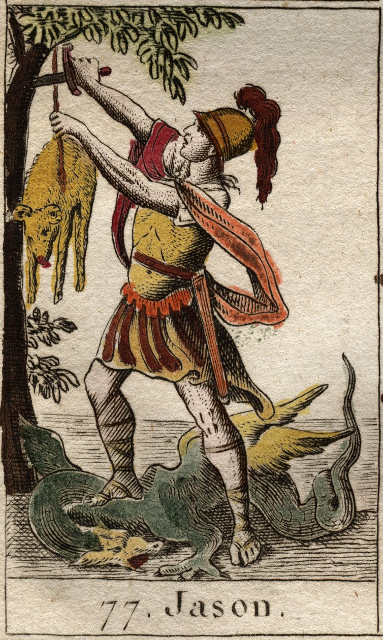 Representation av Jason, återställande av det gyllene skinnet, skinn av Chrysomallos, beliervinge, efter triumf för den sovande draken som vaktade det gyllene skinnet och fånga det. Från "Mythology of Youth" av Pierre Blanchard 1803. av French School