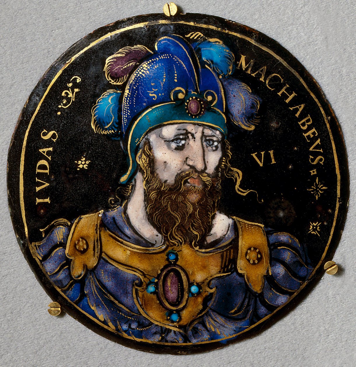 Representation av Judas Macchabee (Maccabee eller Macabee), med smeknamnet hammaren, efterträdare till hans far Matathias (Matathias, Mattathias) i spetsen för judarnas revolt mot förtrycket av Seleuciderna. Medaljong i e-post från Limoges of the av French School