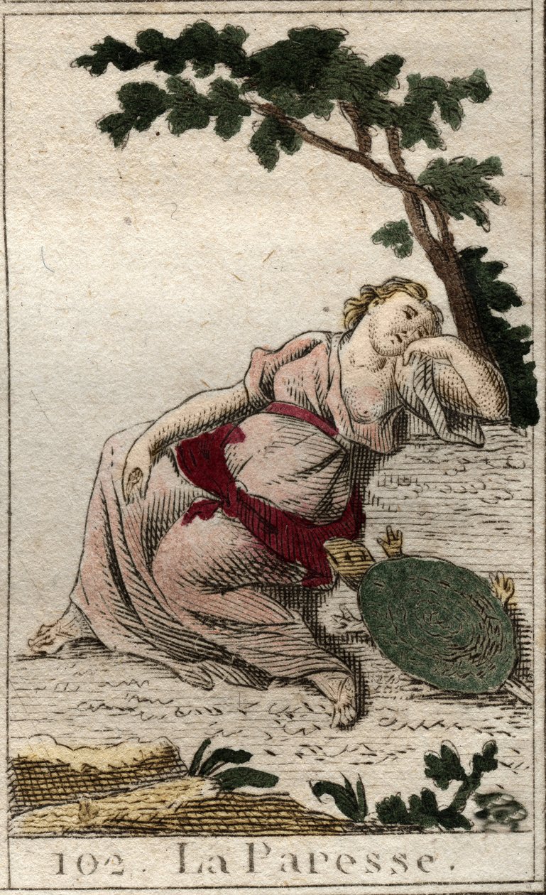 Representation av Laziness, dotter till Natten och Sömnen som en ung man med en sköldpadda. Från "Mythology of Youth" av Pierre Blanchard 1803. av French School