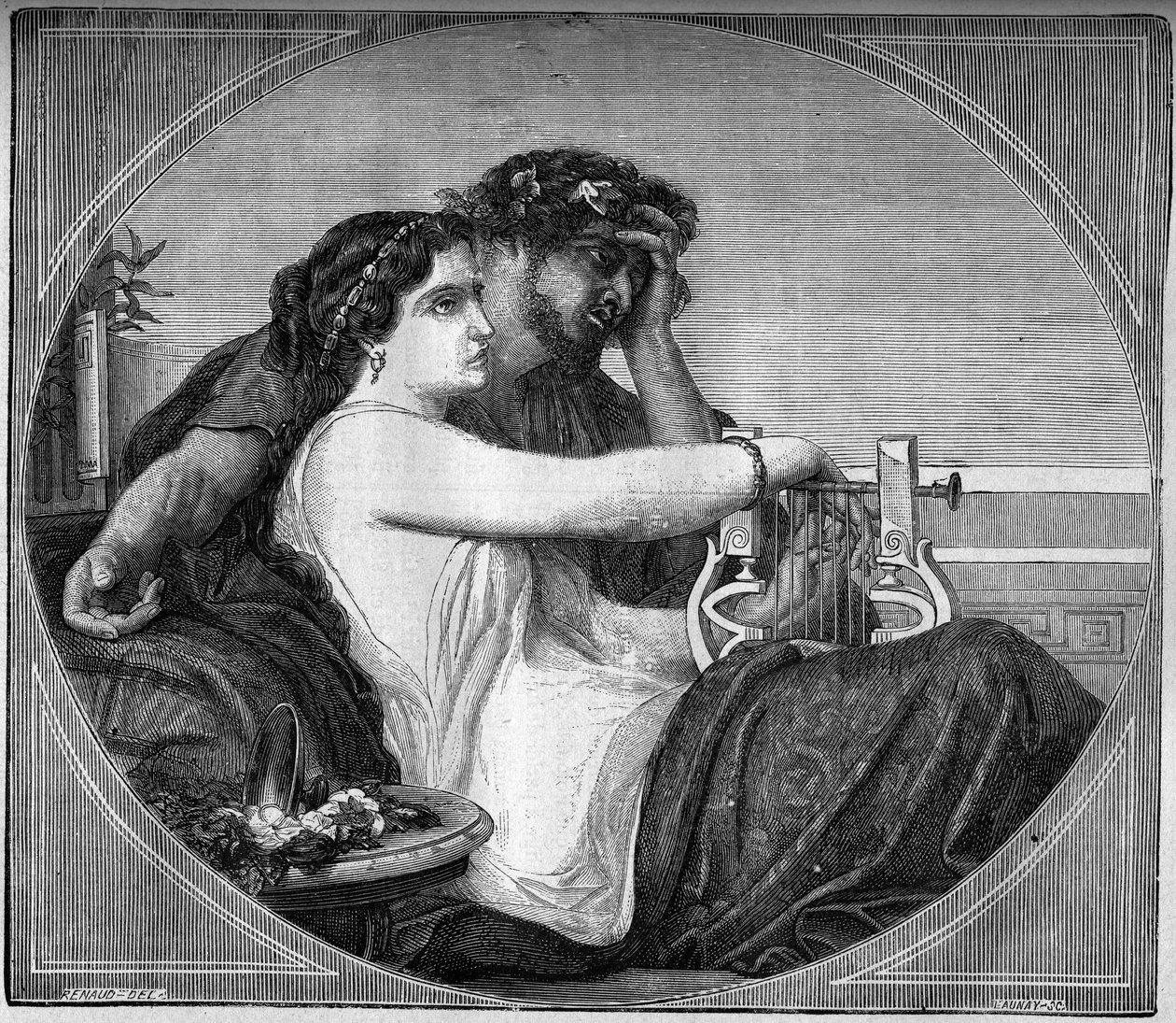Representation av Lesbie (Lesbia) och Catulle (87 - 54 f.Kr.) Latinsk poet: poeten tillägnade många dikter till den unga prostituerade han var kär i. Gravyr i "Prostitutionens och utsvävningens historia bland alla världens folk från antiken till av French School