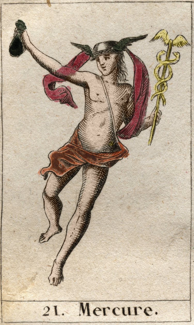 Representation av Merkurius, gud för handel, resor och budbärare för andra gudar. Han håller en caduceus och bär en petase (Mercurius, handelns gud och de andra gudarnas budbärare, han håller en caduceus och bär en petasos). Från "Mythology of Youth" av Pi av French School