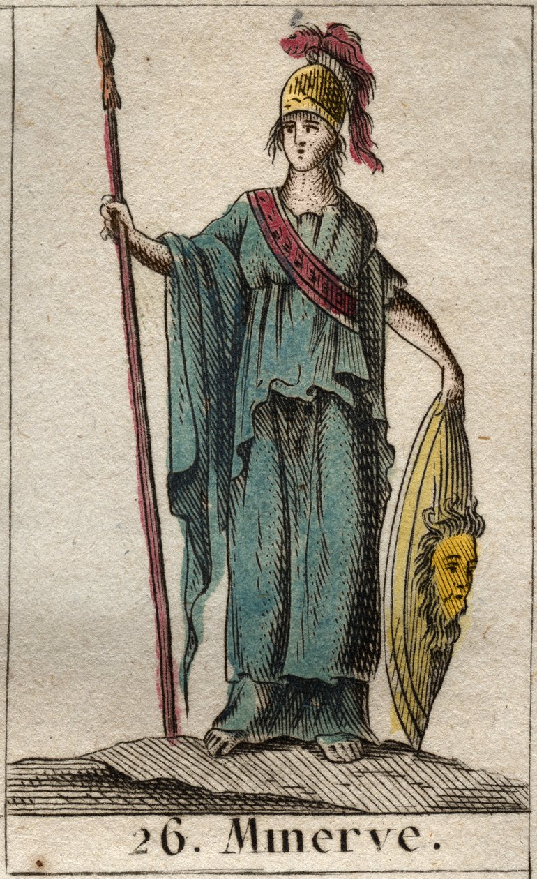 Representation av Minerve, gudinnan av konst, krig och vetenskap. Hon bär rustning. (Minerva, krigsgudinna, vetenskaper och konster, representerad med en rustning). Från "Mythology of Youth" av Pierre Blanchard 1803. av French School