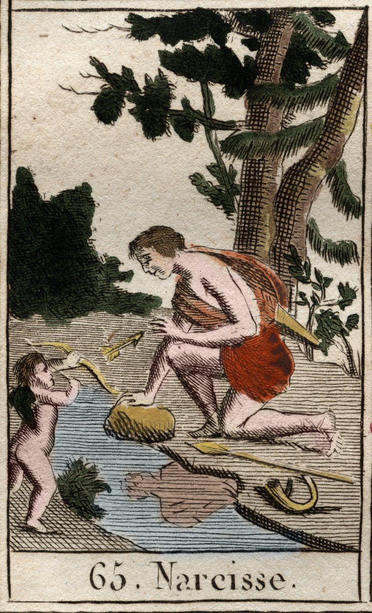Representation av Narcisse, en ung man förälskad i sig själv, han tittar ständigt på sin reflektion. (Representation av Narcissus, ung man förälskad i sig själv, han beundrar hans reflexion ständigt). Från "Mythology of Youth" av Pierre Blanchard 1803. av French School