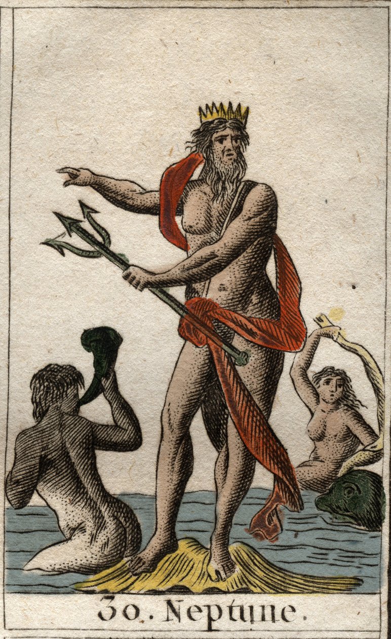 Representation av Neptunus, havets gud, han håller en treudd. (Havets Gud Neptunus, han håller en treudd). Från "Mythology of Youth" av Pierre Blanchard 1803. av French School