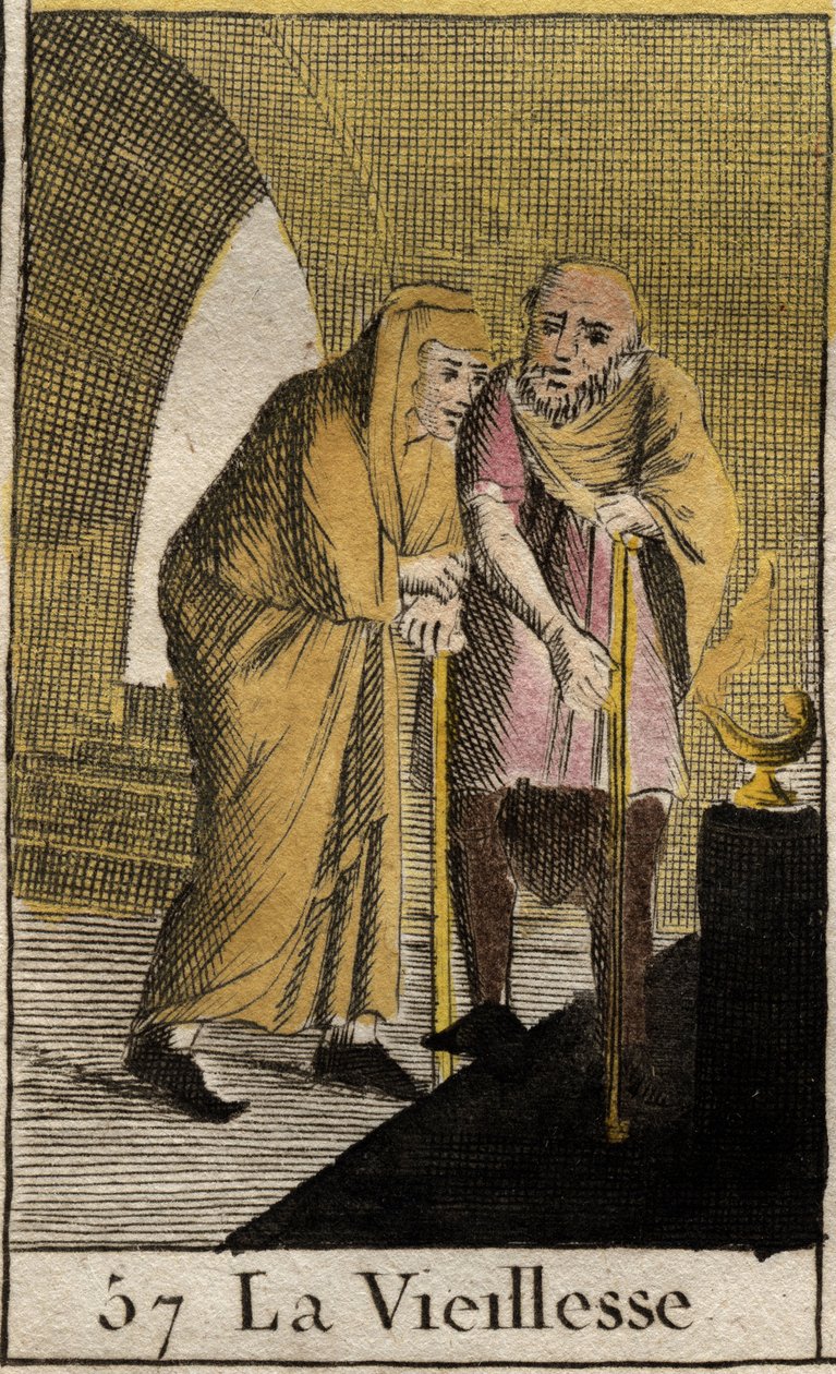 Representation av ålderdom, gammal kvinna lutad på en pinne. (Representation av Ålderdomen, hon vilar på en pinne). Från "Mythology of Youth" av Pierre Blanchard 1803. av French School