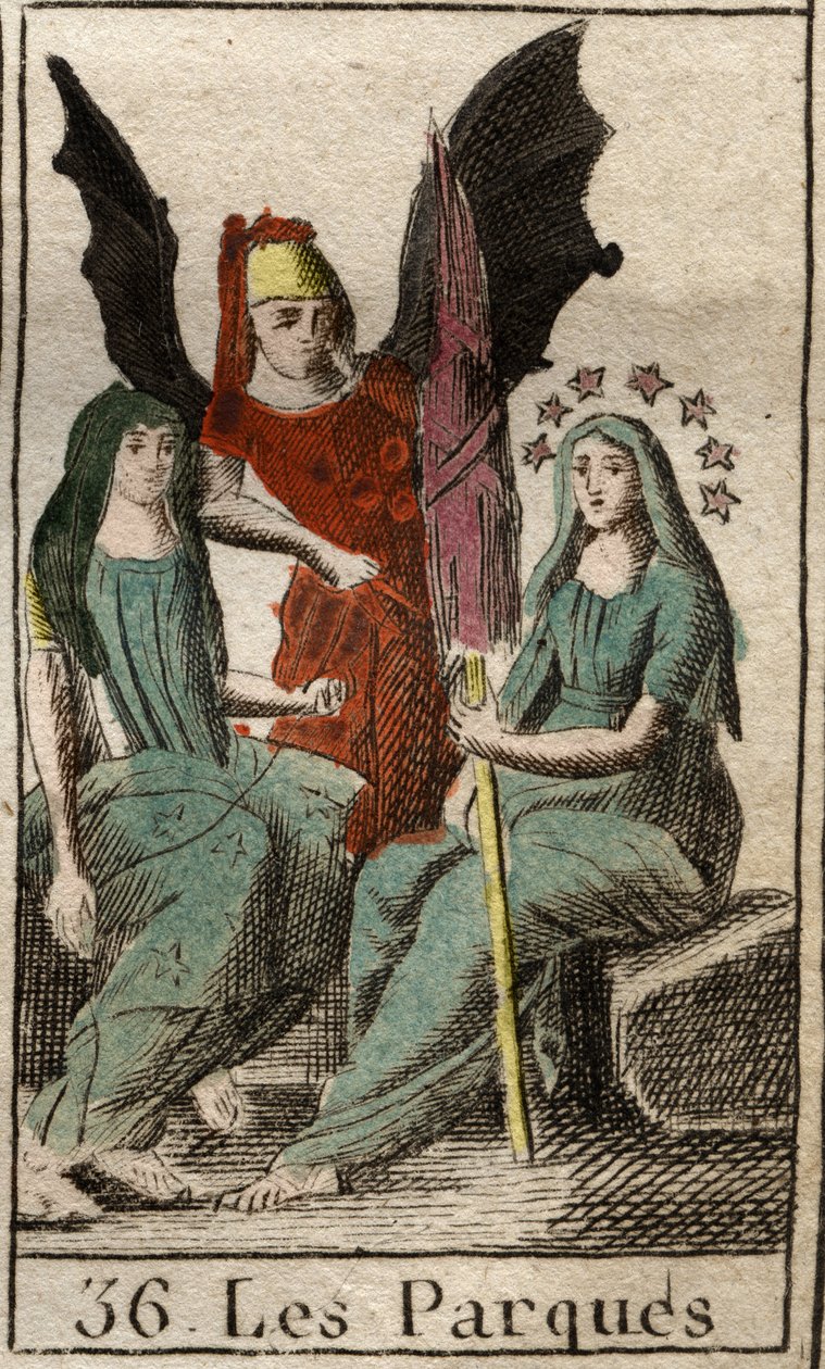 Representation av Parques (Skåp), Clotho, Lachesis och Atropos, gudar av mänskligt öde, från födsel till död, som mycket gamla kvinnor som snurrar. (Parcae, Clotho, Lachesis och Atropos, personifiering av mänskligt öde, representerat som gamla kvinnor som  av French School