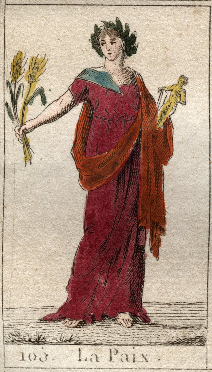 Representation of Peace, som en kvinna krönt med lagrar, som håller en kärve. Från "Mythology of Youth" av Pierre Blanchard 1803. av French School