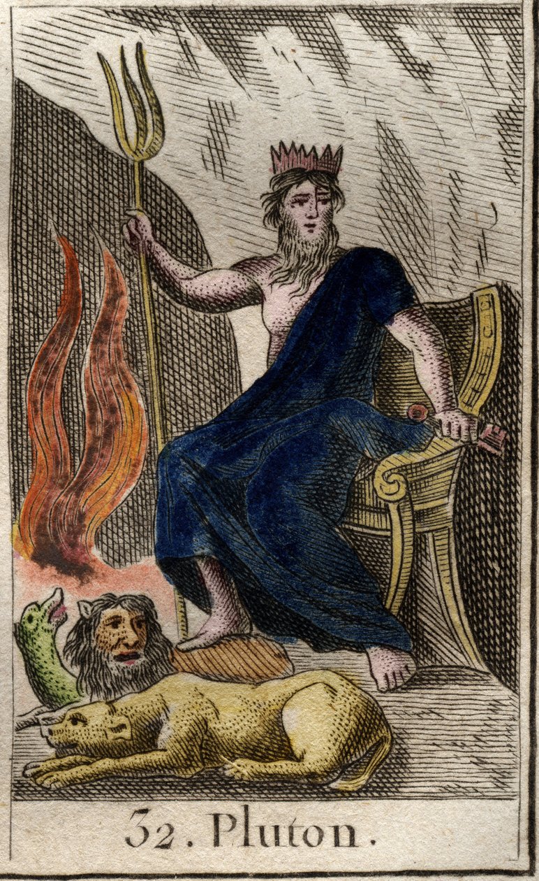 Representation av Pluto, underjordens gud, har sina fötter Cerbere, hund med tre huvuden, underjordens väktare. (Pluto, helvetets gud med Cerberus, hund med tre huvuden). Från "Mythology of Youth" av Pierre Blanchard 1803. av French School