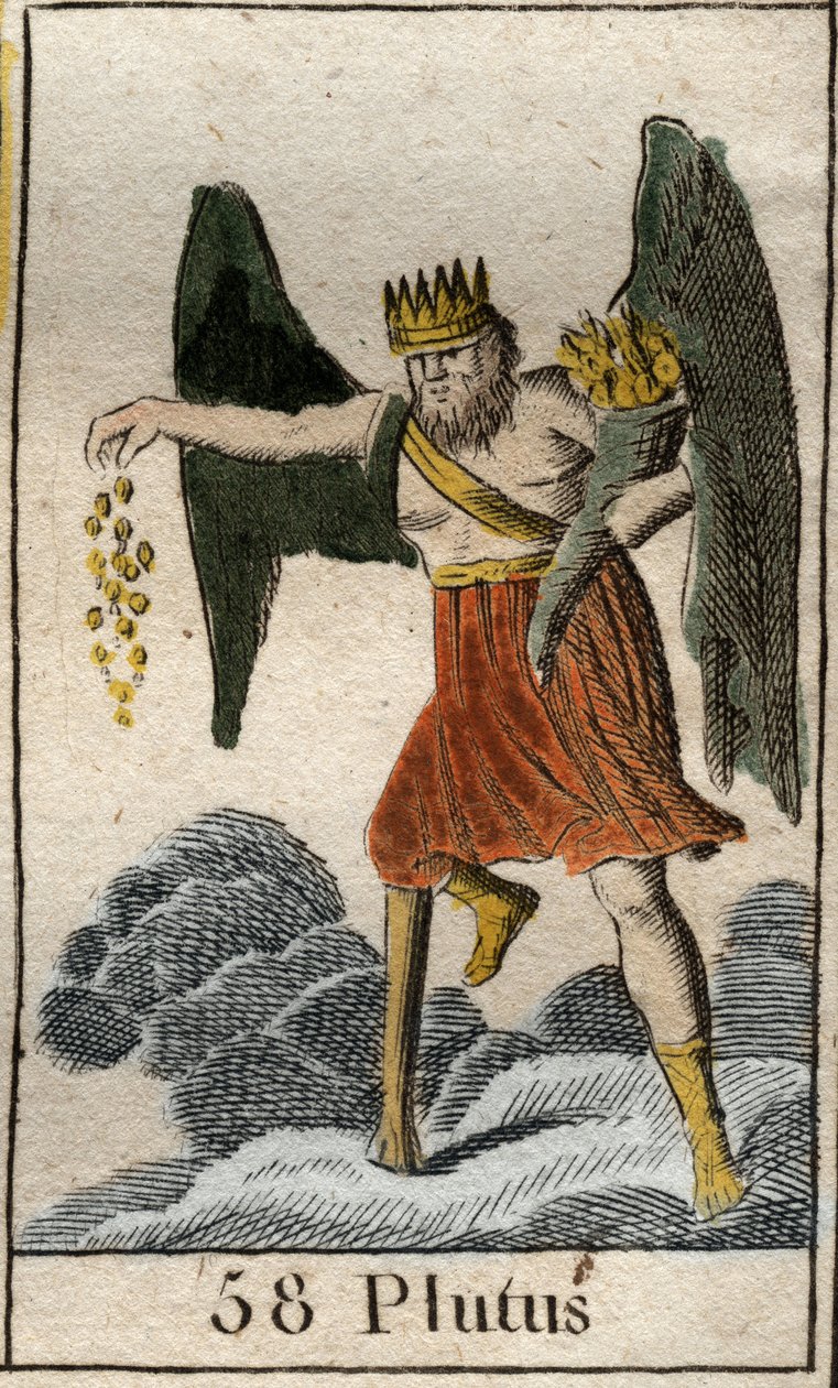 Representation av Plutus (Ploutos), rikedomens gud, han är krona och blind, kastar gåvor på måfå. (Representation av Plutus, rikedomens gud, han är krönt och blind, han kastar gåvor på måfå). Från "Mythology of Youth" av Pierre Blanchard 1803. av French School