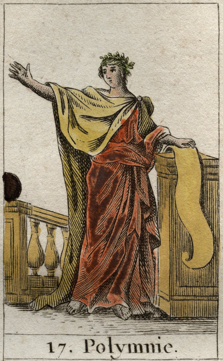 Representation av Polyhymnia, Musa av helig hymn och vältalighet. Från "Mythology of Youth" av Pierre Blanchard 1803. av French School