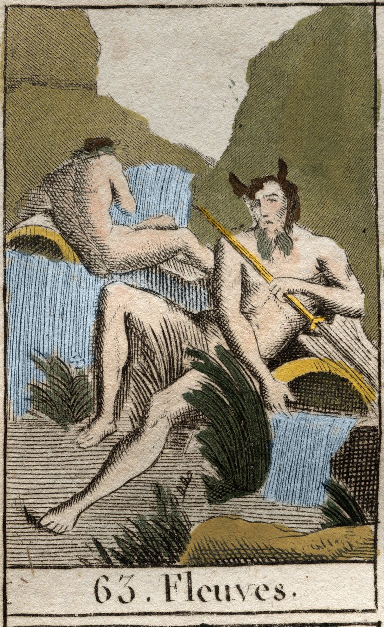 Representation av Rivers, gubbar med vått skägg och hår, de sitter nära vält urna (Representation of Strams, behornade gubbar med vått skägg och hår och de sitter nära vältad urna). Från "Mythology of Youth" av Pierre Blanchard 1803. av French School