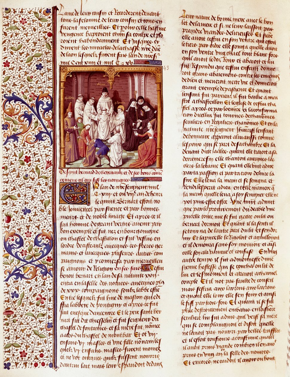 Avbildning av Sankt Bernhard av Clairvaux (San Bernardo di Chiaravalle) (1090-1153) barn. Han är i mitten av bilden, med en aureole över huvudet. Miniatyr i "Le miroir historial" (Speculum Historiale) (ms. 1196, fol. 372) av Vincent de Beauva av French School
