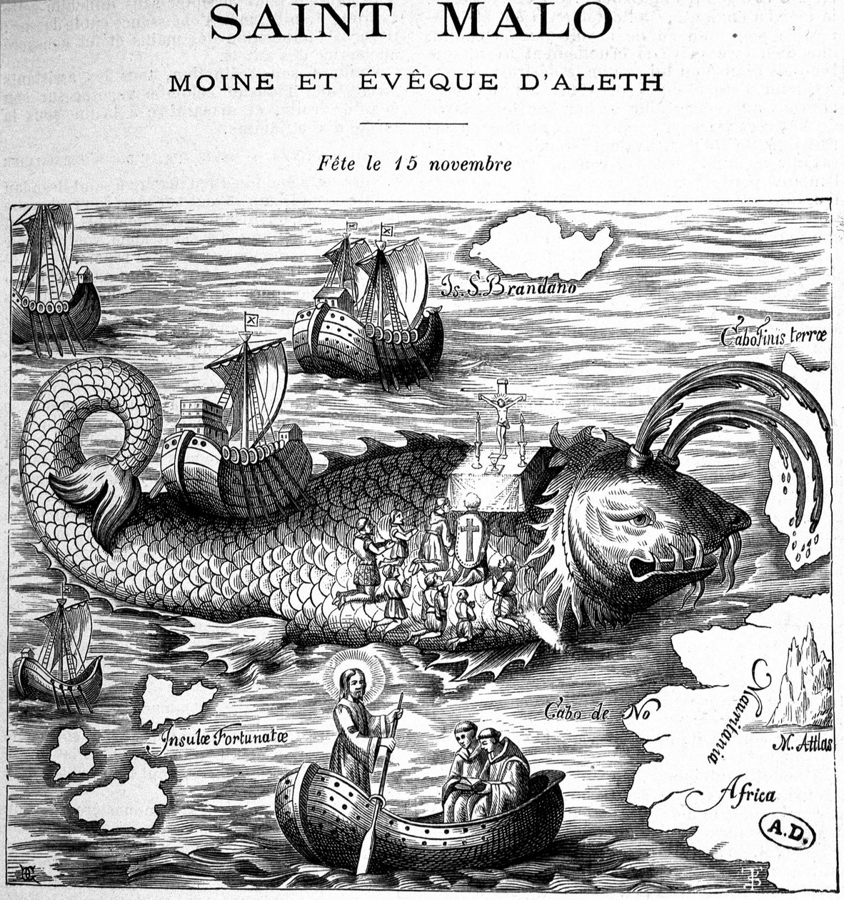 Representation av Saint Malo (Saint Maclou) på baksidan av en val representerad i vägen för Saint Brendan (Brandan) av Clonfert eller Breanainn av Clonfert (ca 484-577/578) - gravyr av French School