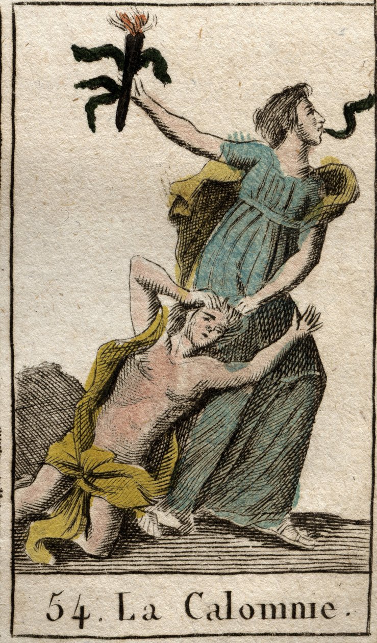 Representation av förtal, går medan hon drar sin mamma Avunden i håret, en orm kommer ut ur hennes mun. (Representation av Calumny, Envy dotter som hon drar upp i håret, en orm kommer ut genom hennes mun) från "Mythologie de la jeunesse" av P av French School