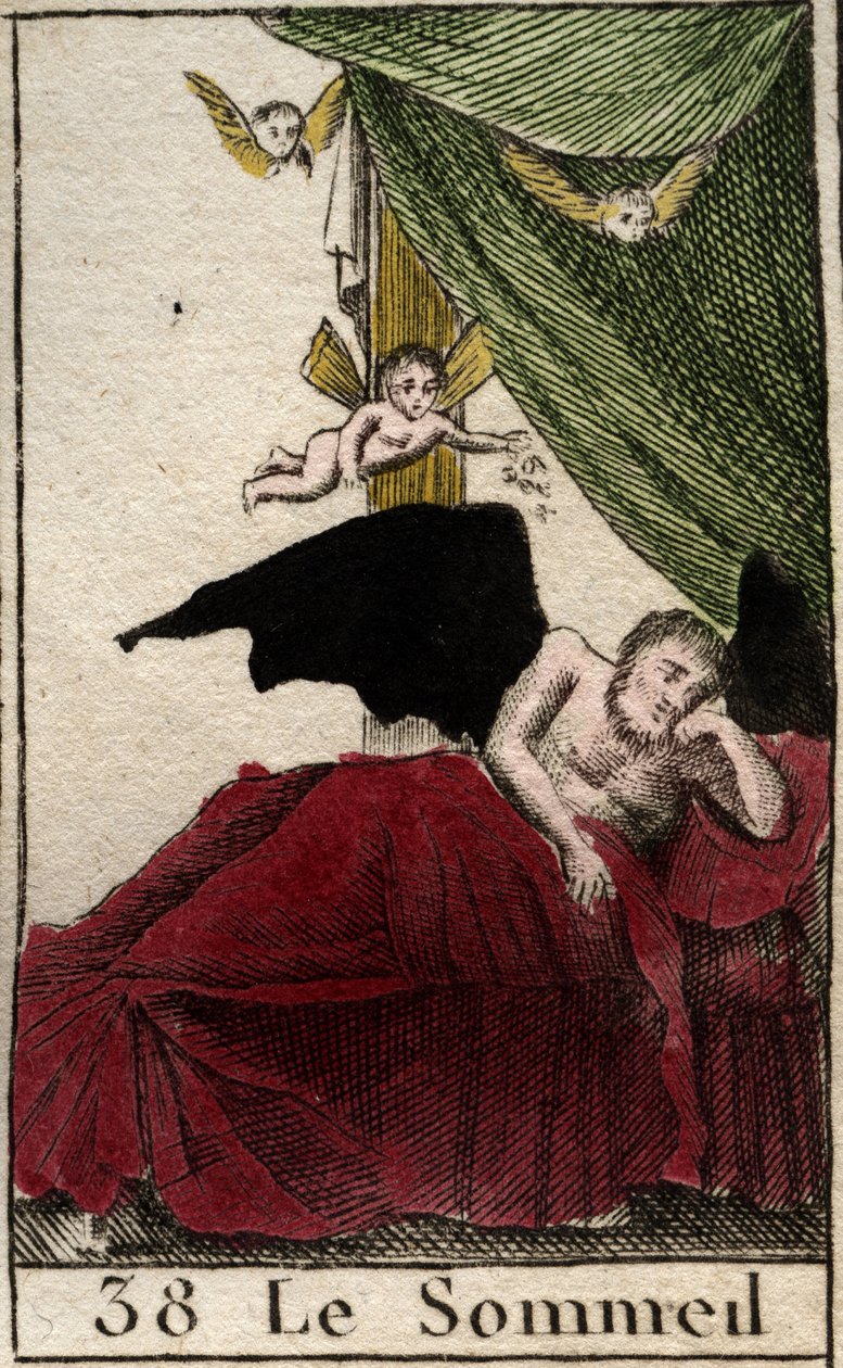 Representation av sömn, vilar evigt i ett palats, nära drömmars vingar. (Somnus, sömnens gud, han sover i ett palats omgivet av bevingade drömmar) Ur "Mythologie de la jeunesse" av Pierre Blanchard 1803. av French School