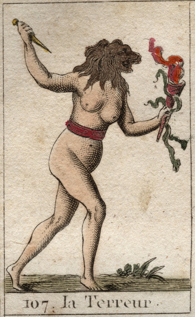 Representation av terror, som en kvinna med ett lejonhuvud, som håller en kniv och ormar. Från "Mythology of Youth" av Pierre Blanchard 1803. av French School