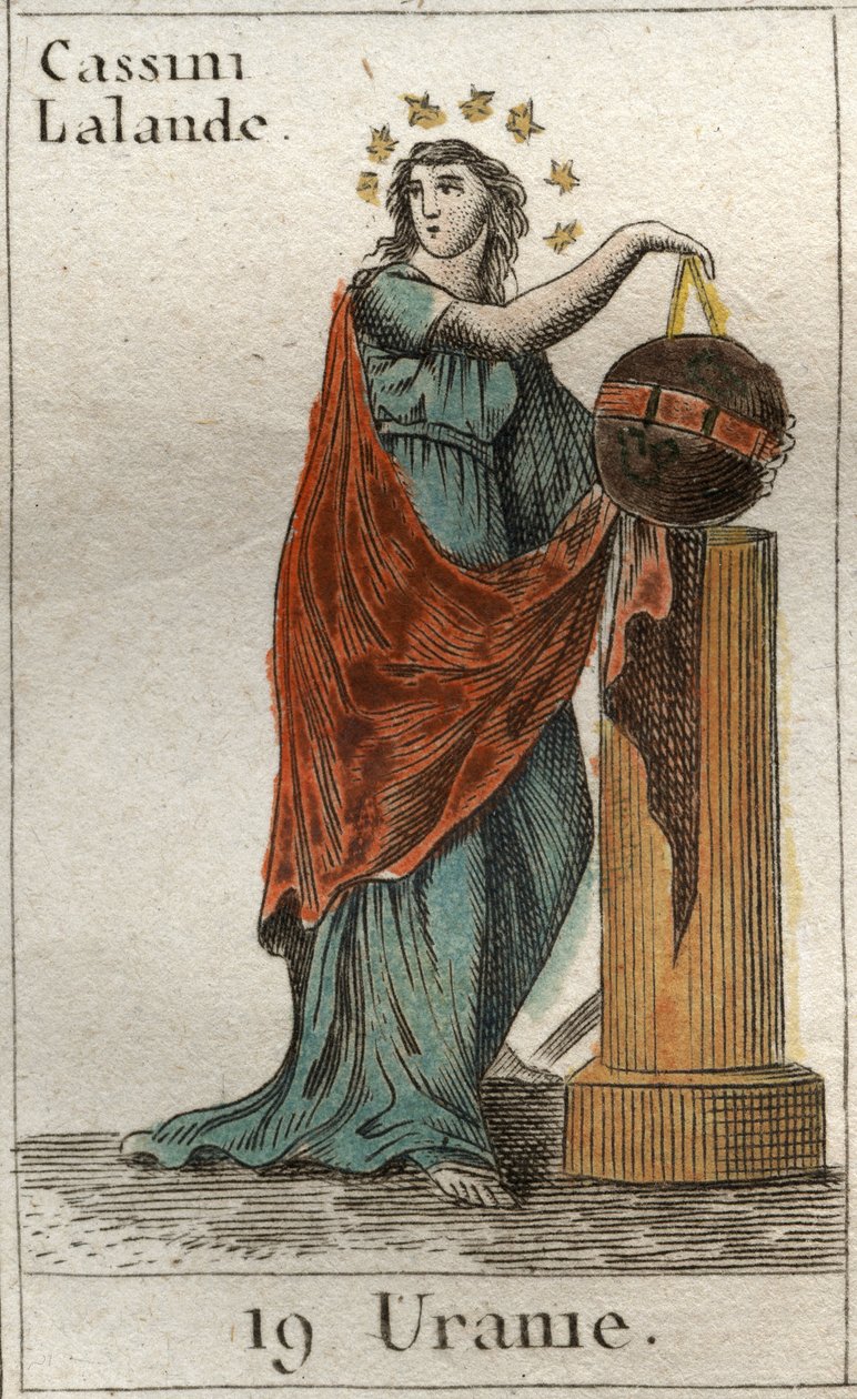 Representation av Urania, musa för astronomi och astrologi, hon håller en jordglob och en kompass. Från "Mythology of Youth" av Pierre Blanchard 1803. av French School
