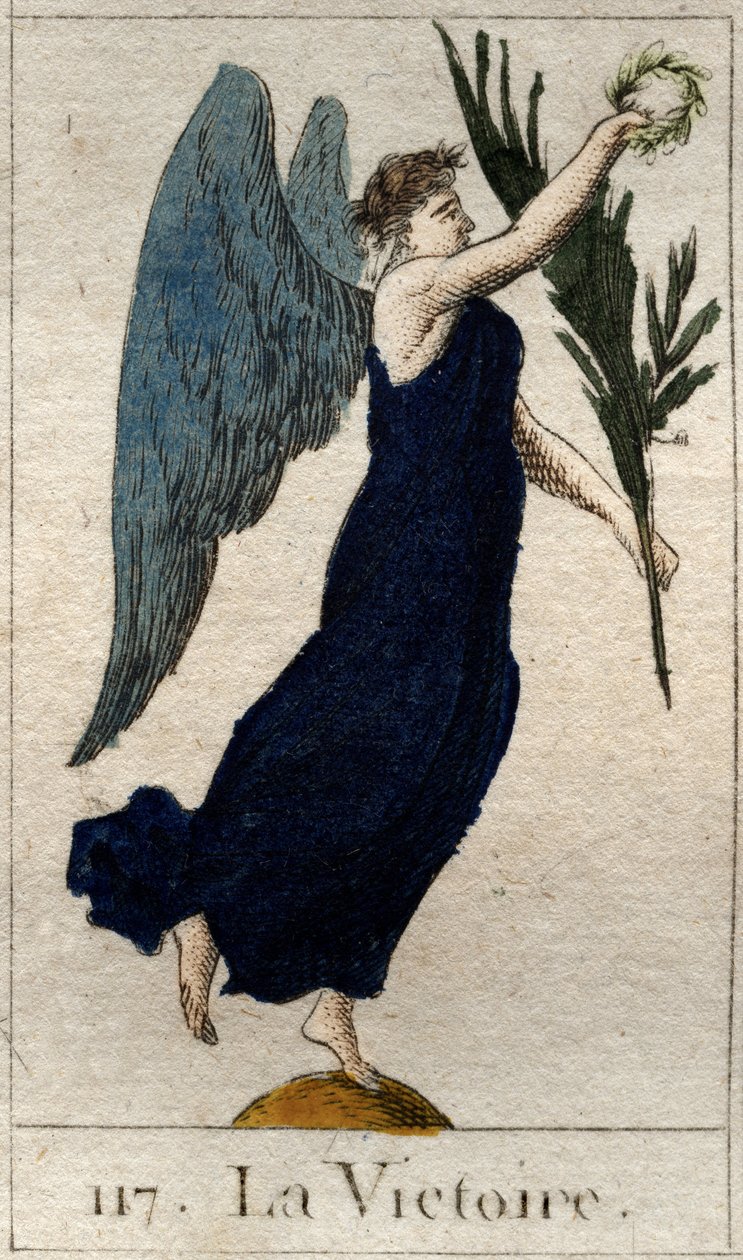 Representation av Victory, kvinna ailee som håller en olivkvist och en krans av lagrar. (Segern, som en bevingad kvinna, håller hon en olivkvist och en lagerkrona). Från "Mythology of Youth" av Pierre Blanchard 1803. av French School