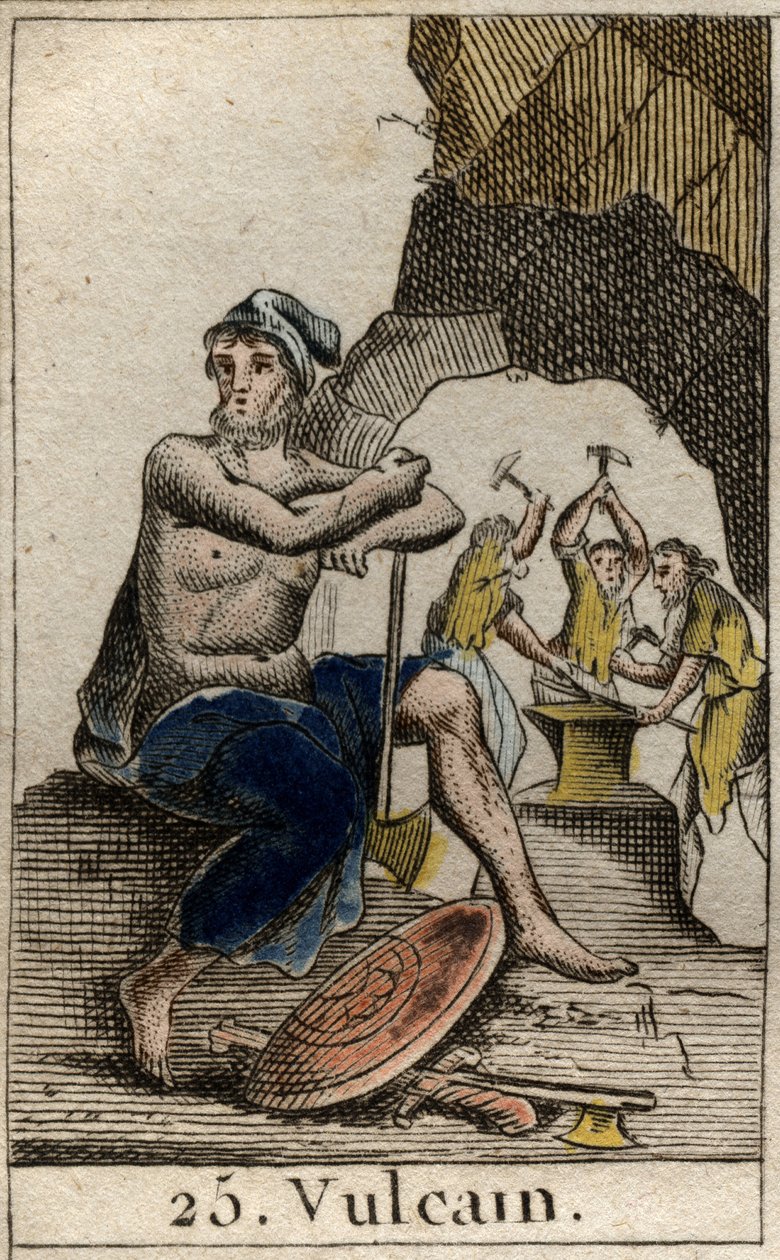 Representation av Vulcan, eldens gud, smedjan och vulkanerna. (Vulcan, eldens och vulkanernas gud). Från "Mythology of Youth" av Pierre Blanchard 1803. av French School