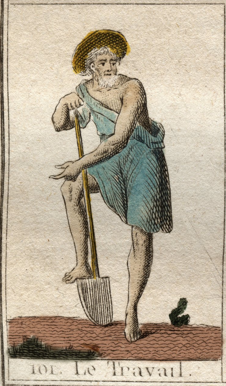 Representation av arbete, som en man med verktyg. Från "Mythology of Youth" av Pierre Blanchard 1803. av French School