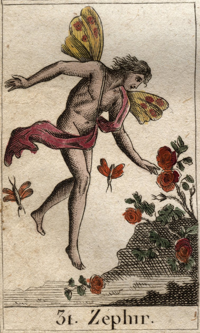 Representation av Zephyr, personifiering av västanvinden. (Zephyrus (eller Zephyr) personifiering av västanvinden). Från "Mythology of Youth" av Pierre Blanchard 1803. av French School