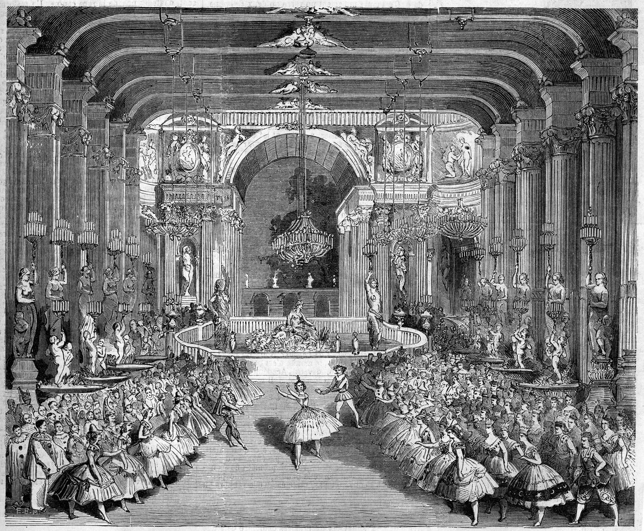 Representation av en balett: Casino of Messina, scenografi av första akten av "The Star of Messina" på en musik av Nicolo Gabrielli (1814-1891). Dekor realiserad av Edouard Desplechin. Paris, Theatre de l