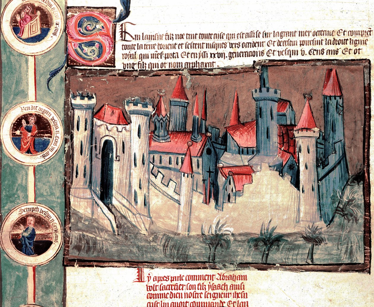 Representation av en befäst stad i Strasbourg-regionen. Miniatyr på pergamentsrulle "" Genealogy of the Bible"" (ms.199) Cremone från 1300-talet, Biblioteca Governativa av French School