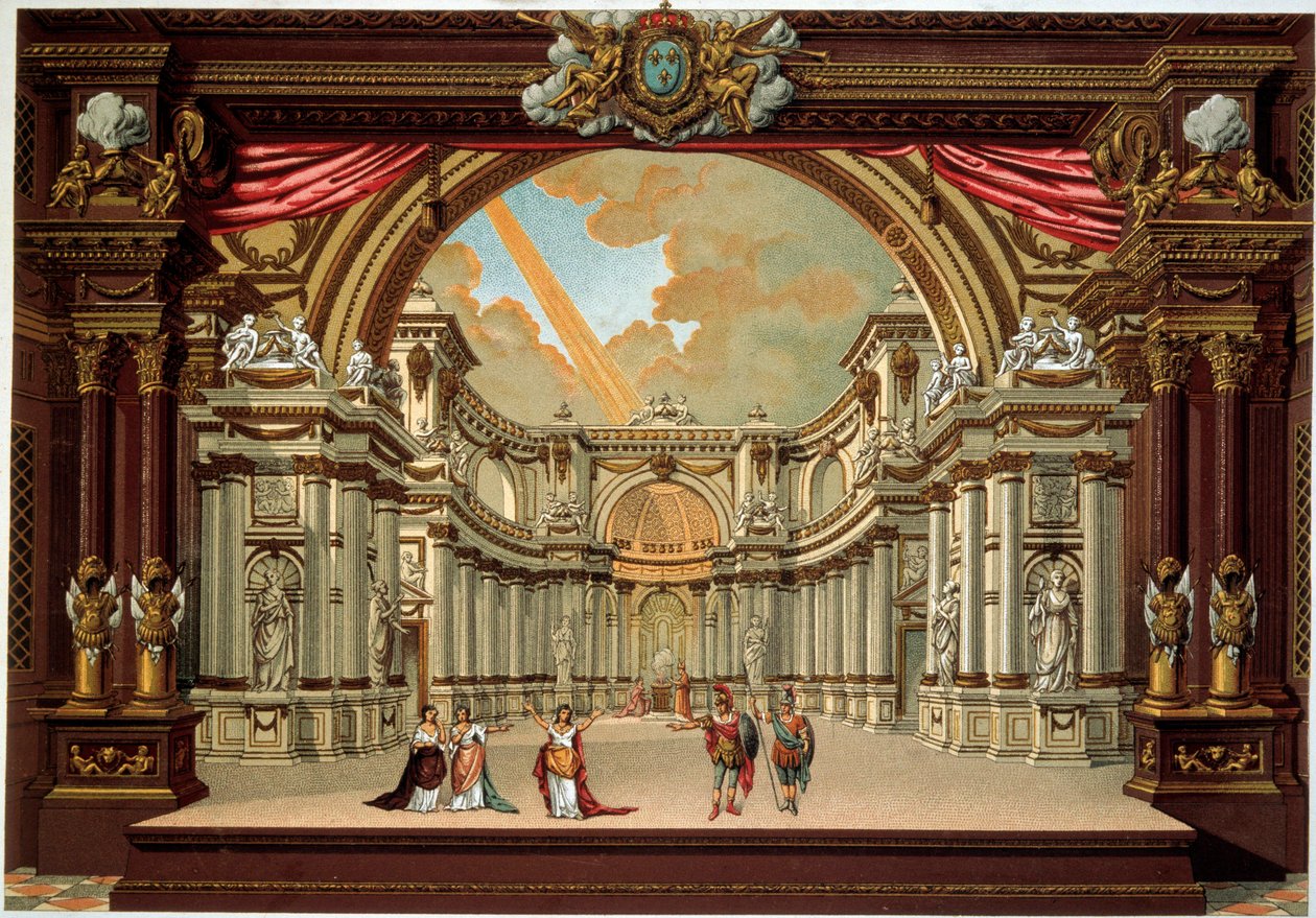 Representation av en pjäs av Jean Baptiste Poquelin dit Moliere (1622-1673) på teatern i slottet i Versailles. Litografi från 1800-talet. Dekorativ konst, Paris av French School