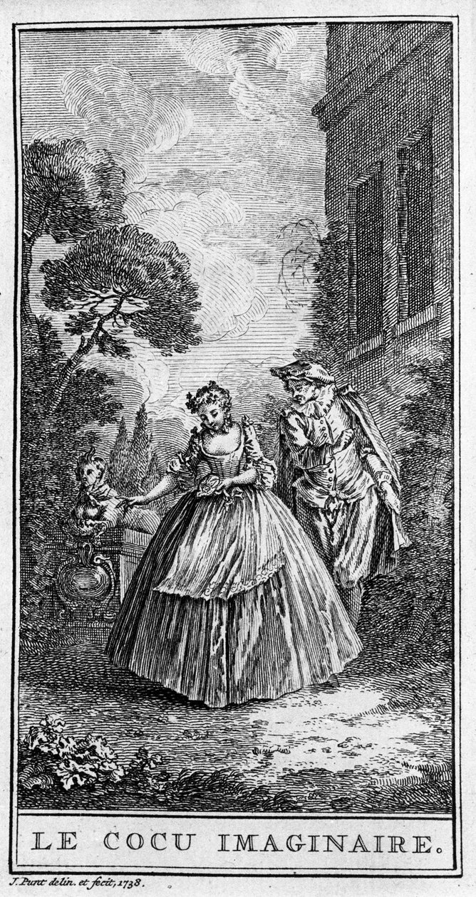 Representation av en scen från stycket "" Sganarelle ou le cuckold imaginaire"" (1660) av Jean Baptiste Poquelin dit Moliere (1622-1673). Gravyr från 1738. av French School