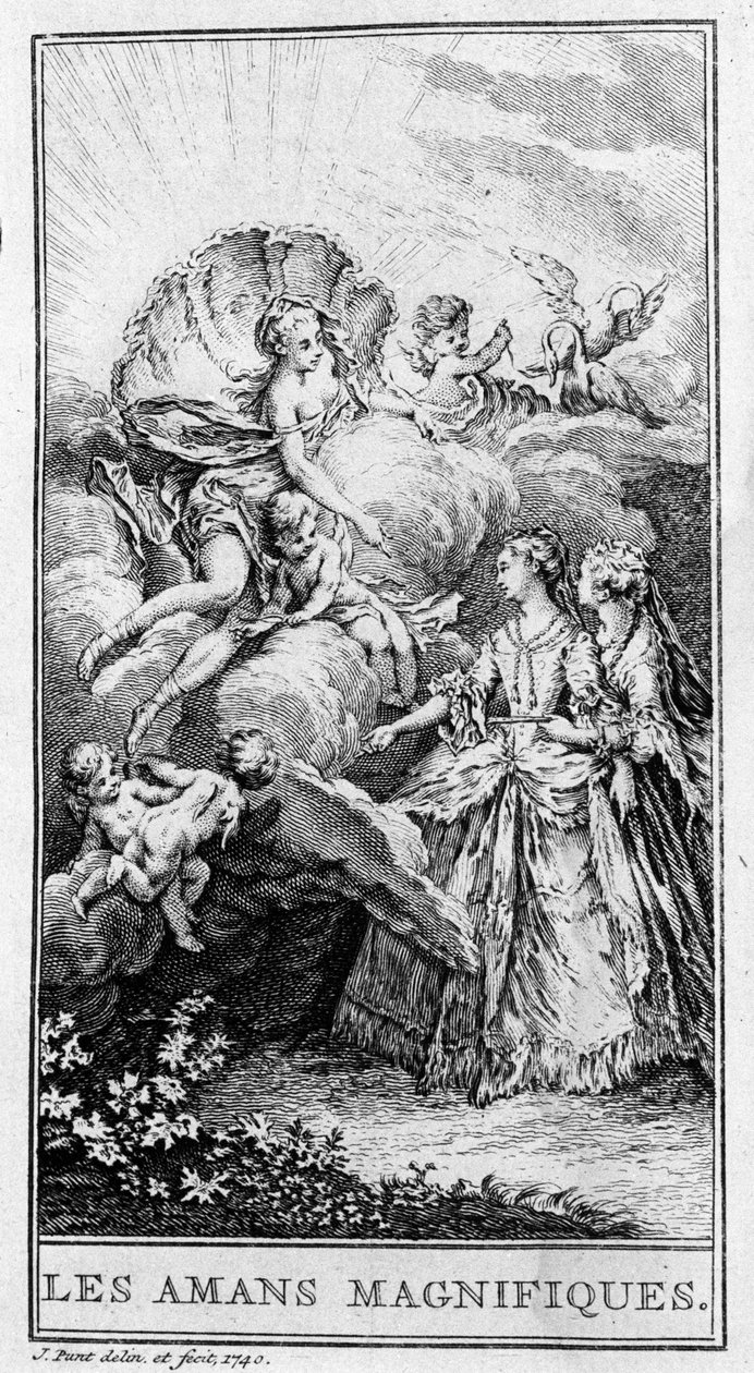 Representation av en scen i stycket "" Les lovers magnificients"" (1670) av Jean Baptiste Poquelin dit Moliere (1622-1673). Gravyr från 1740. av French School