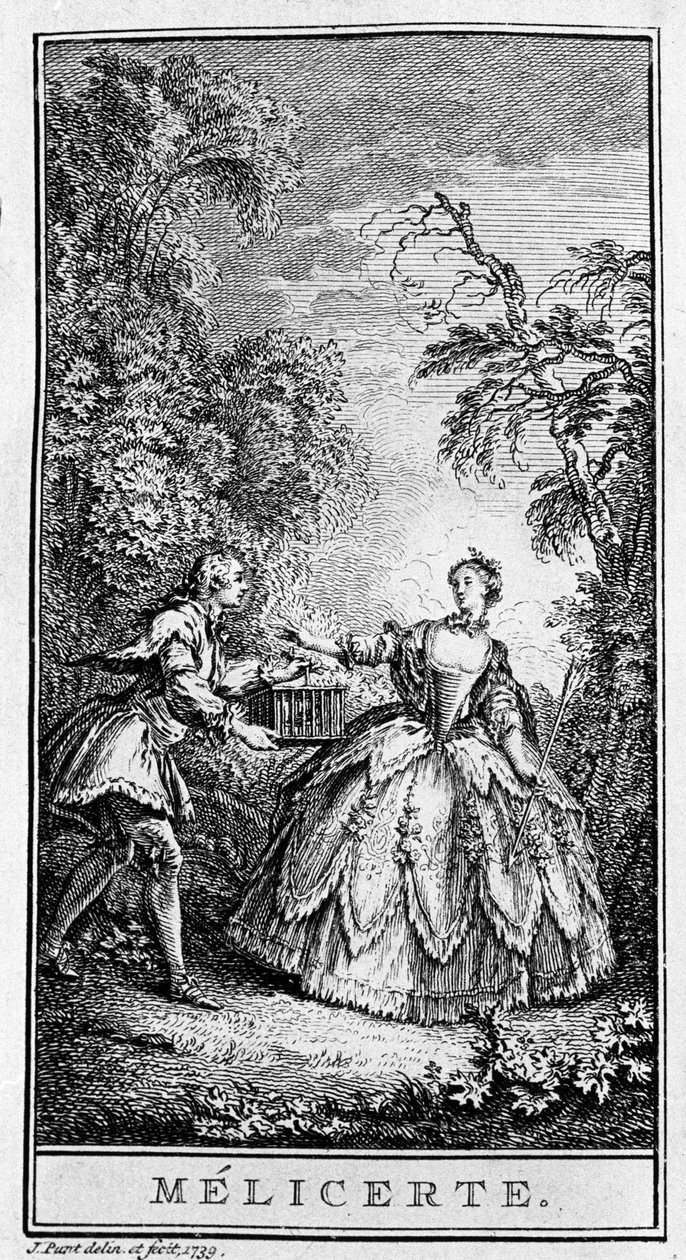 Representation av en scen i stycket "" Melicerte"" (1666) av Jean Baptiste Poquelin dit Moliere (1622-1673). Gravyr från 1739. av French School