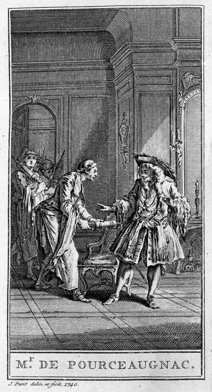 Representation av en scen i stycket "" Monsieur de Pourceaugnac"" (1669) av Jean Baptiste Poquelin dit Moliere (1622-1673). Gravyr från 1740. av French School
