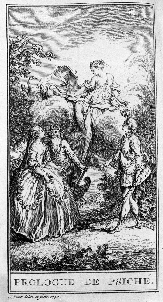Representation av en scen i stycket "" Prologue de Psyche"" av Jean Baptiste Poquelin dit Moliere (1622-1673). Gravyr från 1740. av French School