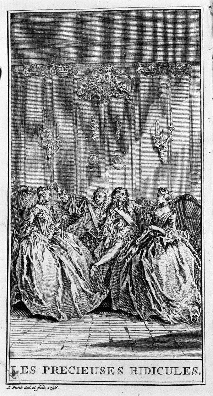 Representation av en scen i stycket "" de dyrbara förlöjligandena"" (1659) av Jean Baptiste Poquelin dit Moliere (1622-1673). Gravyr från 1738. av French School