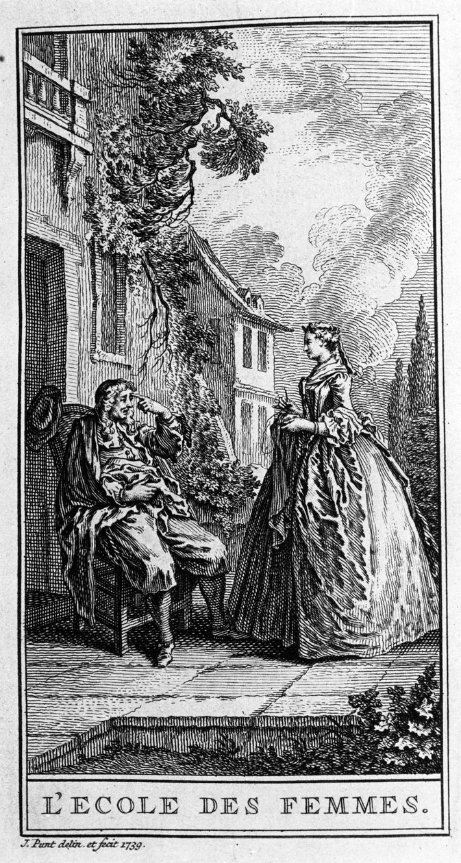 Representation av en scen i pjäsen ""Kvinnornas skola"" (1662) av Jean Baptiste Poquelin dit Moliere (1622-1673). Gravyr från 1739. av French School