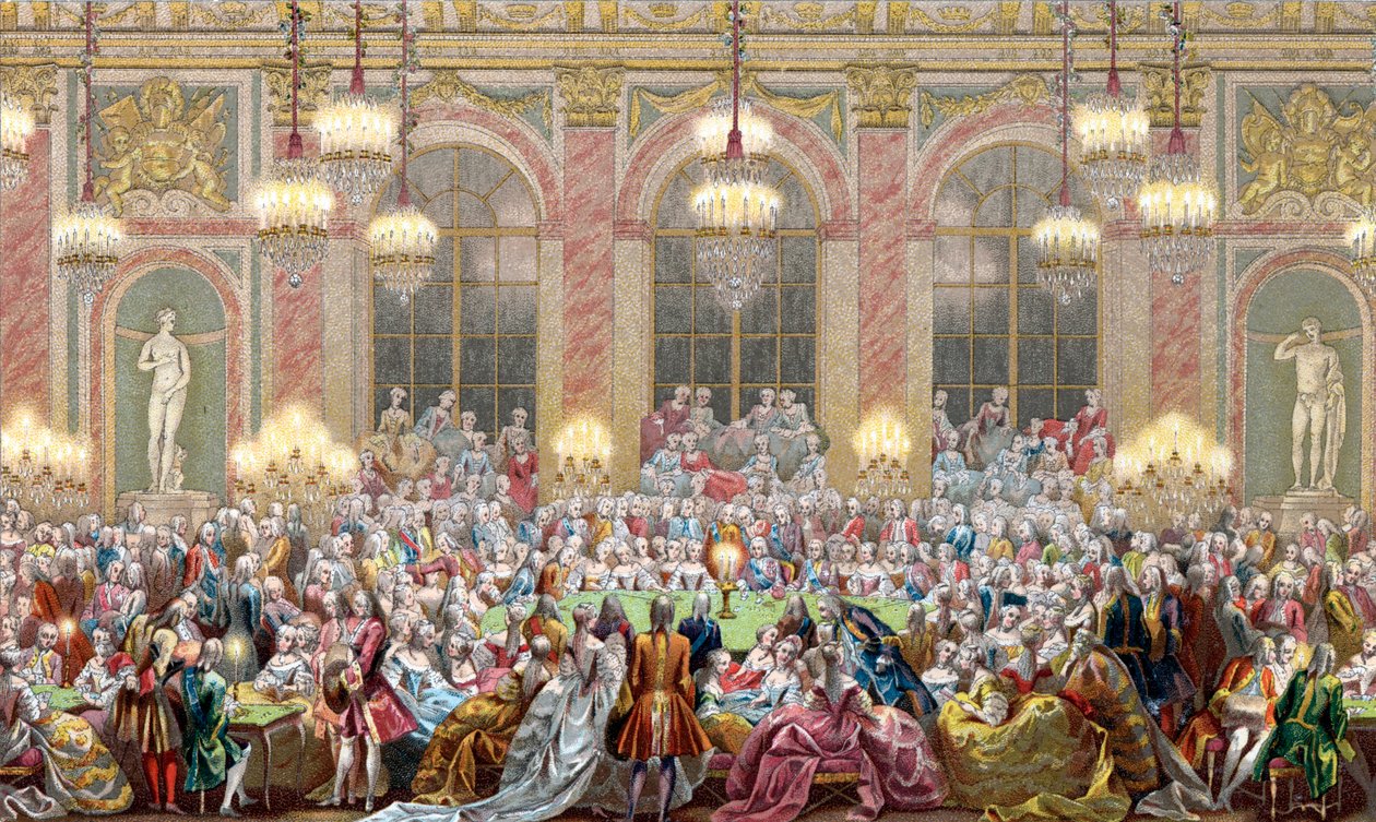 Representation av ett sammanträde av "" Jeu du roi"" vid kung Ludvig XV:s hov, kungaspelet av French School