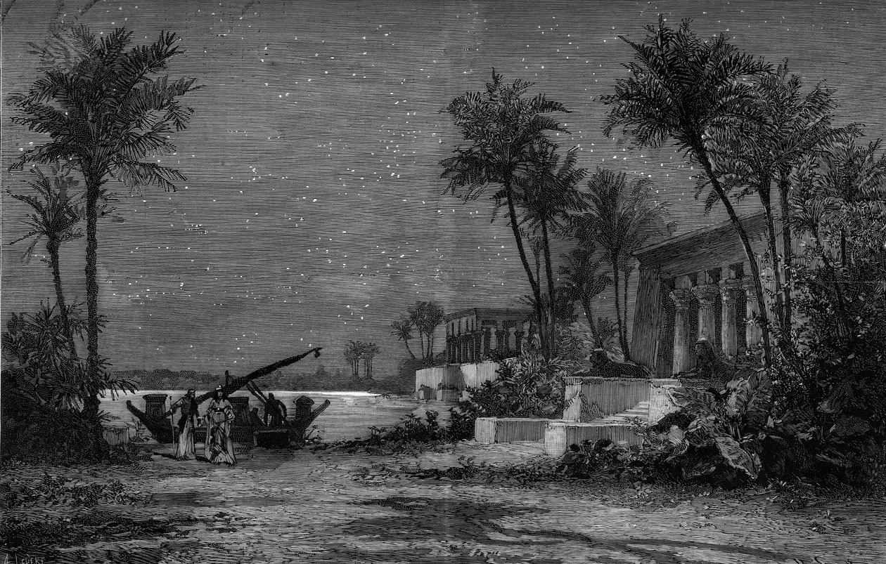 Representation av en opera: "" Aida"" av Giuseppe Verdi (1813-1901). Nilens stränder (3:e akten). Dekor av Jean Louis Cheret (1820-1882). Gravyr av Scott i "" Le Monde Illustré"" nr 1201 den 3 april av French School
