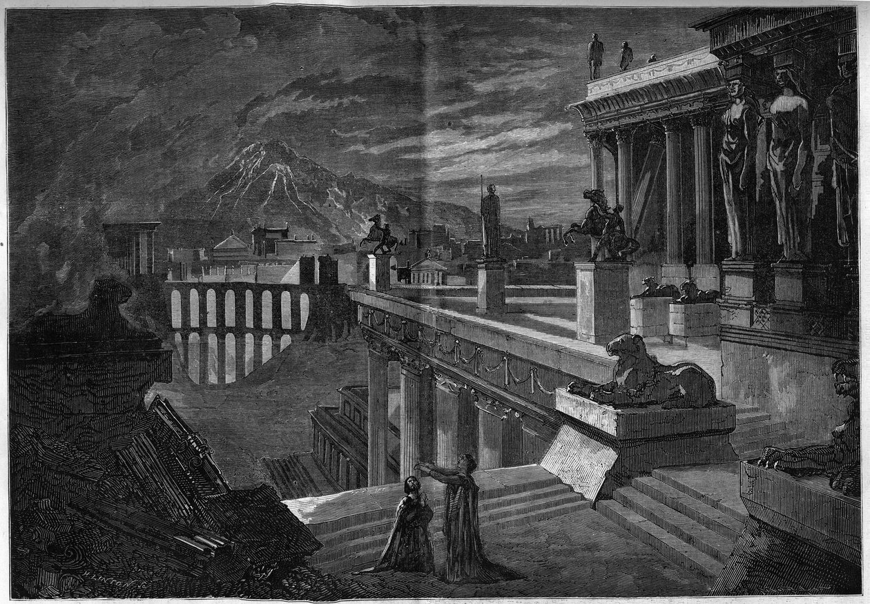 Representation av en opera: "" Herculanum"" på ett libretto av Joseph Mery (1798-1866) och T. Hadot och en musik av Felicien David (1808-1876). Staden Herculanum vid tidpunkten för dess förstörelse under utbrottet av Vesuven (sista scenen i akt V). Thea av French School