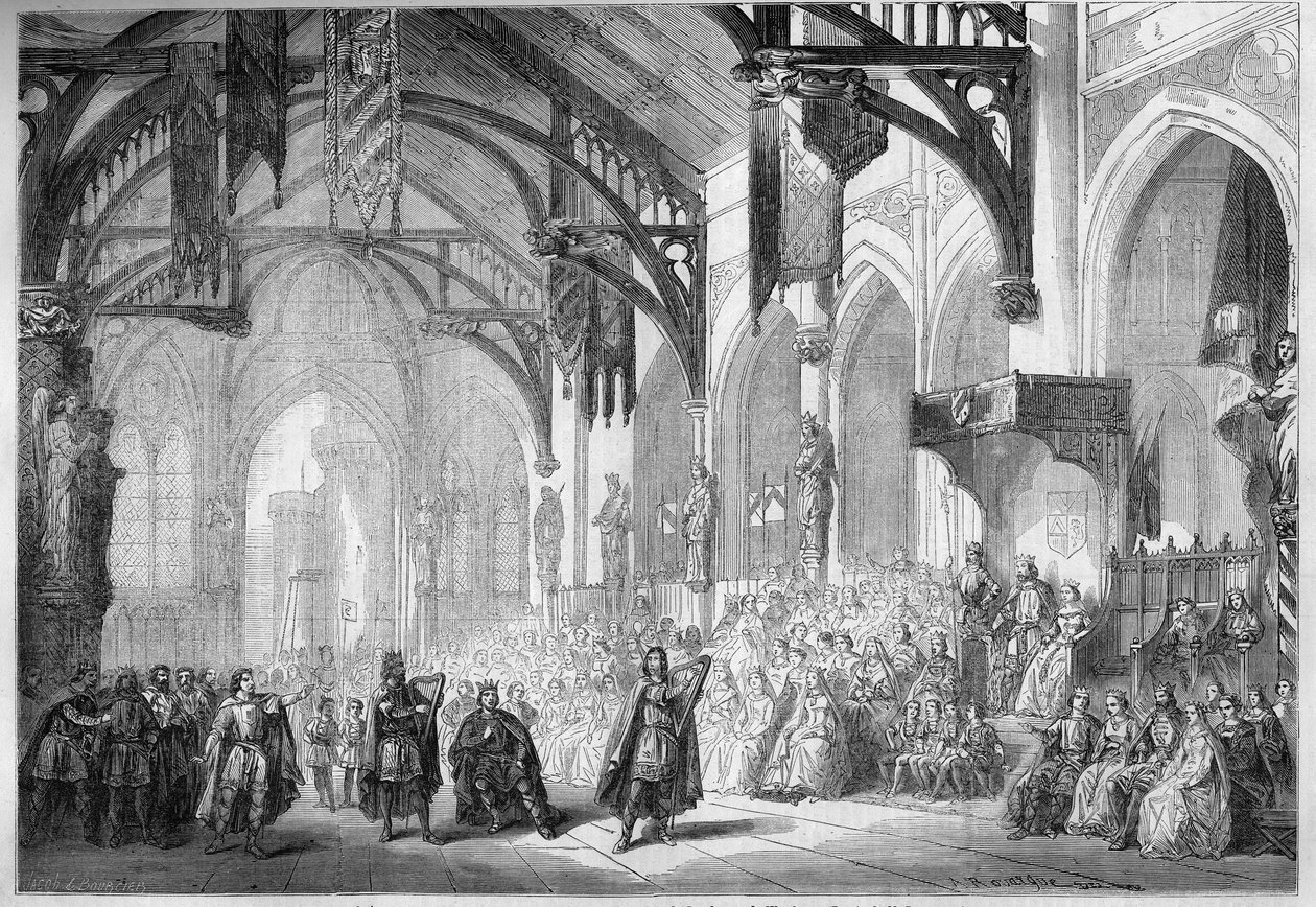 Representation av en opera: Landgrave Palace i Wartburg. Scenografi av akt II av "Tannhauser" av Richard Wagner (1813-1883). Opera de Paris av French School